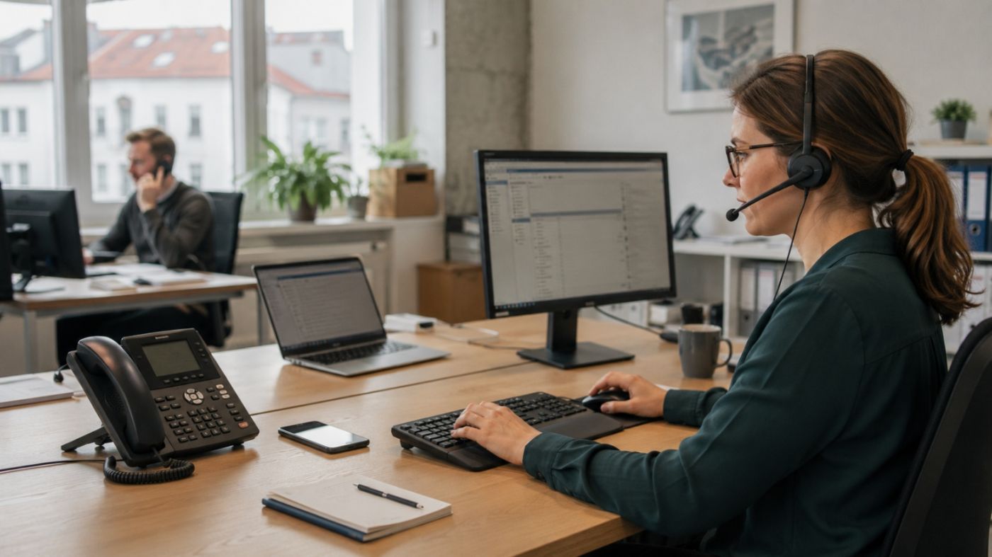 Mitarbeiterin arbeitet im Büro mit Headset, Computer und moderner Telefonanlage.