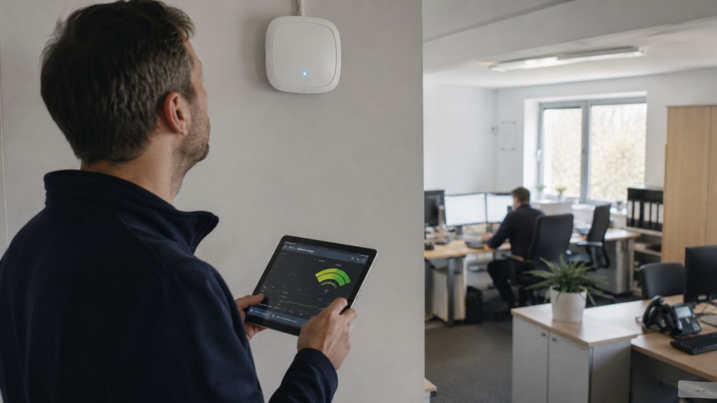 IT-Techniker überprüft einen WLAN-Access-Point in einem Büro mit einem Tablet.
